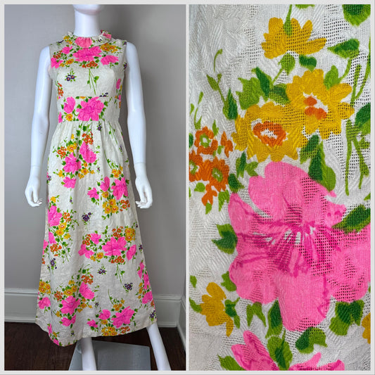 1960s Neon Pink Floral Maxi Dress, Size XS