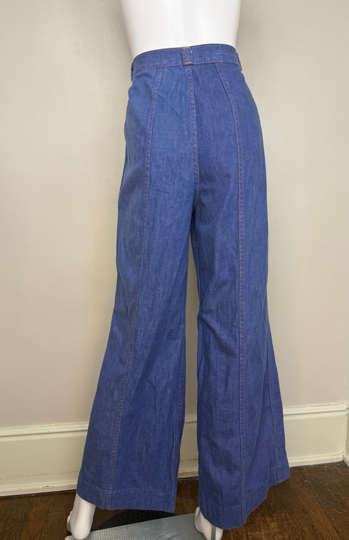 1970s Women’s Denim Suit, Shirt Jacket and Bell Bottom Blue Jeans Set, Sears Jr Bazaar Size Medium