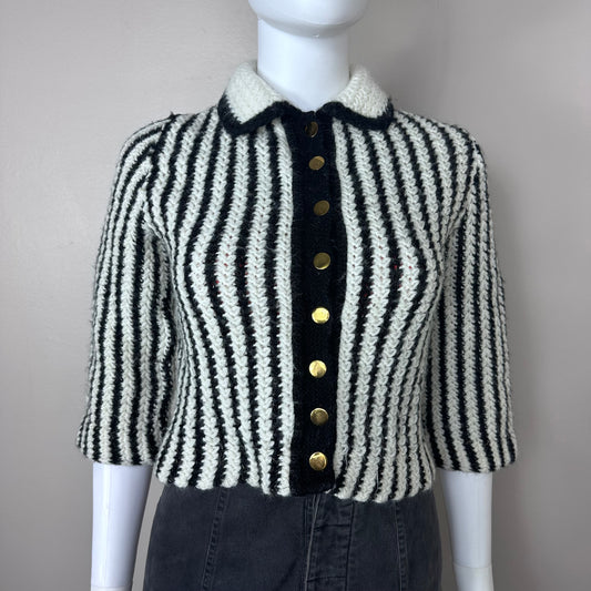 1950s Black and White Striped Fuzzy Cardigan Sweater, Barca Knit Size XXS-XS