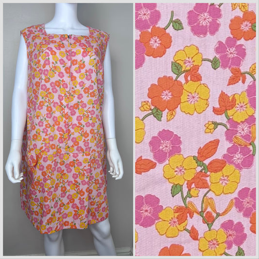 1970s Pink Floral Sleeveless Romper Dress, Sears Size XL-XXL, Zip Front