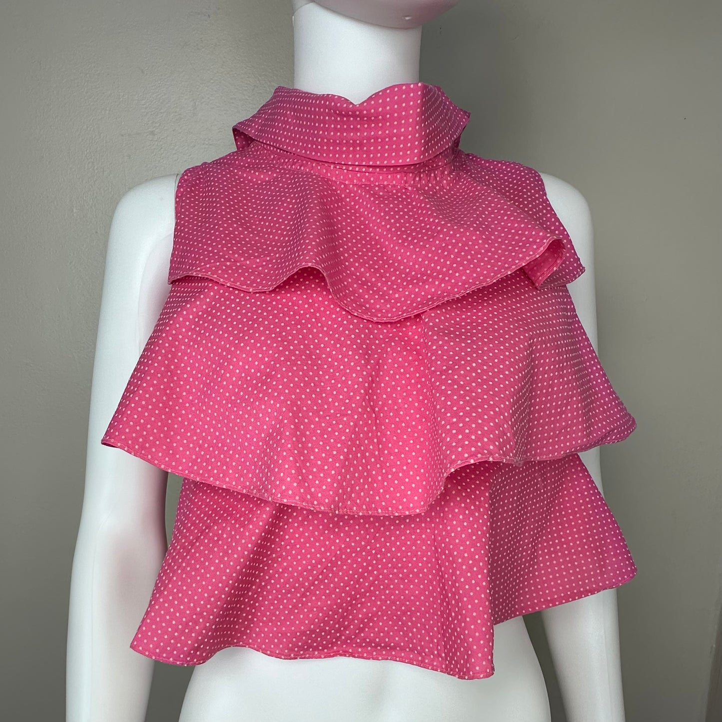 1960s Bright Pink Swiss Dot Ruffle Blouse, Size Medium