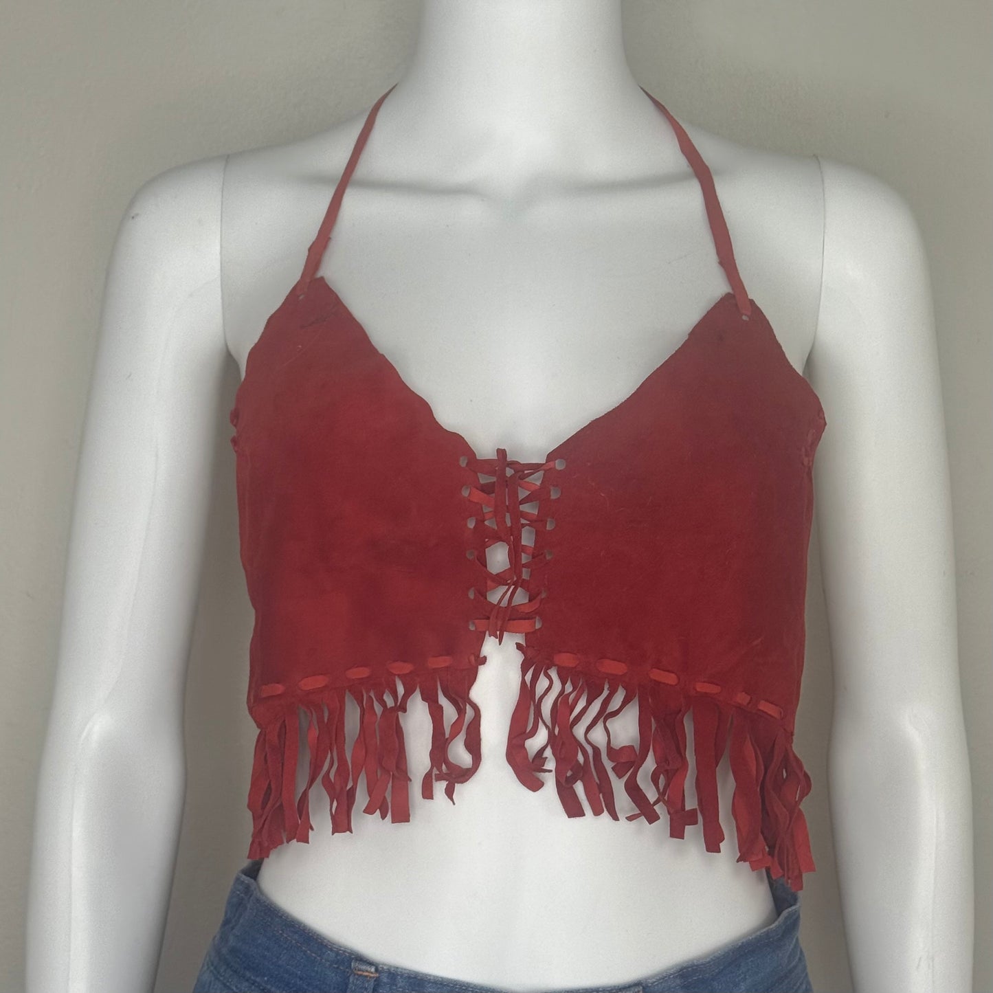 1970s Red Leather Halter Top with Fringe, Cropped, Lace Up Corset Bust, Open Back, Size XS/S