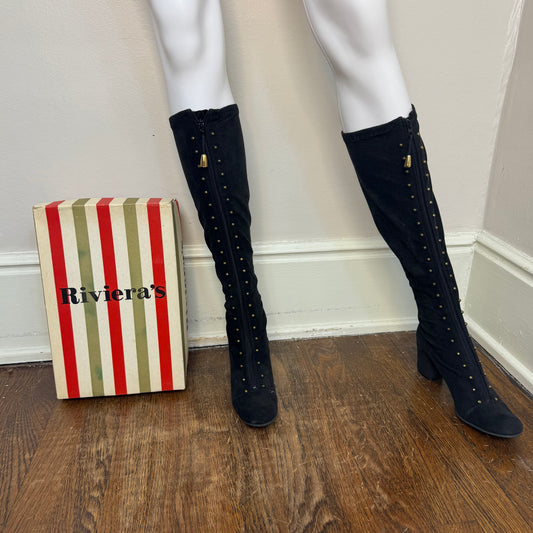1960s/70s Black Velvet Studded Go go Boots, Riviera’s Size 7 1/2 Narrow
