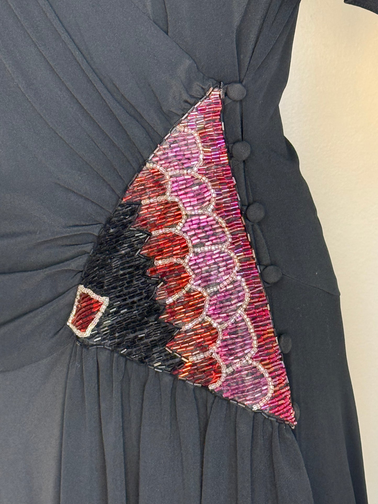 1970s/80s Black Handkerchief Hem Drop Waist Wrap Dress with Beaded Panel, Rimini Size Small-Medium