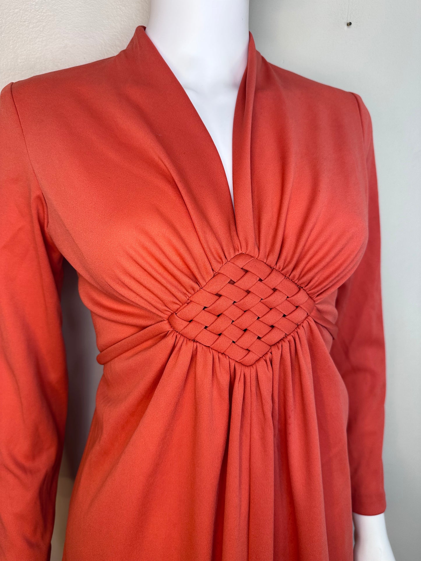 1970s Orange Maxi Dress, Size Small-Medium, Long Sleeve, Empire Waist