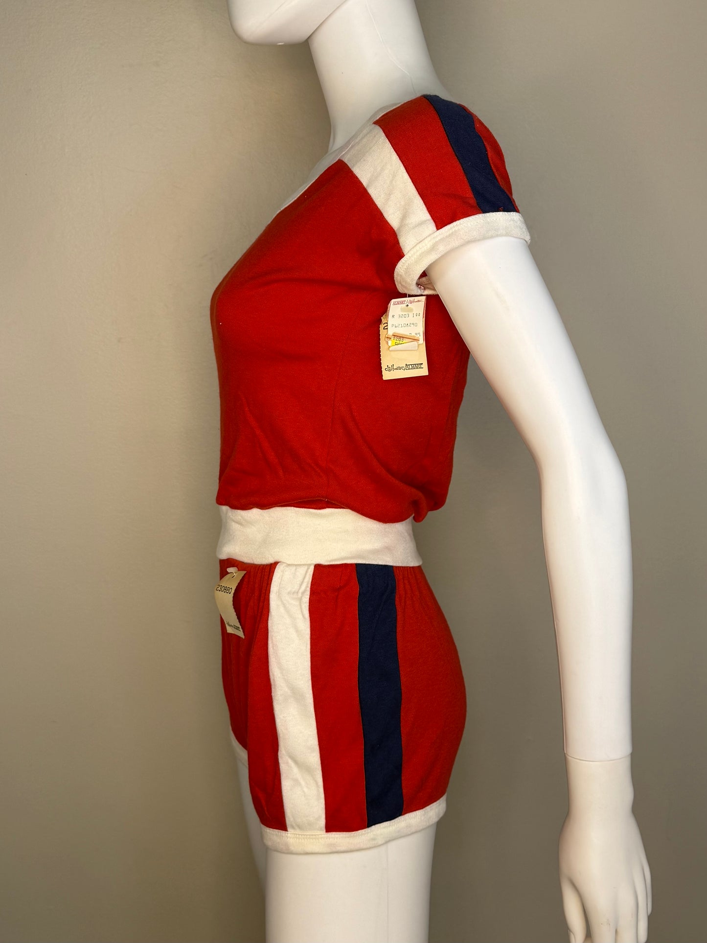 1970s/80s Red Knit Top and Shorts Set with Blue and White Stripes, Size XS-Small, Deadstock