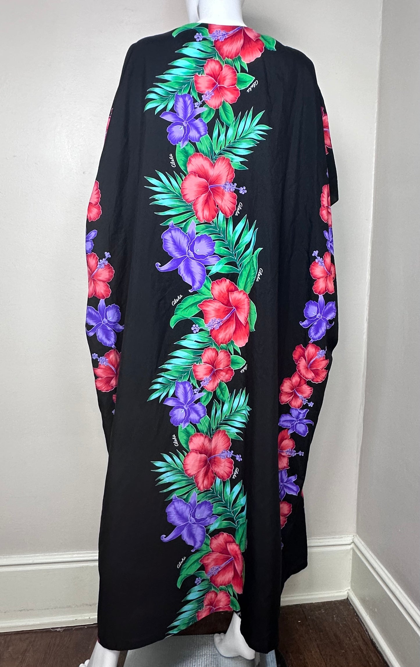 1970s/80s Black Hawaiian Floral Caftan Dress, Helena’s Hawaii, Loungewear, Open Sizing