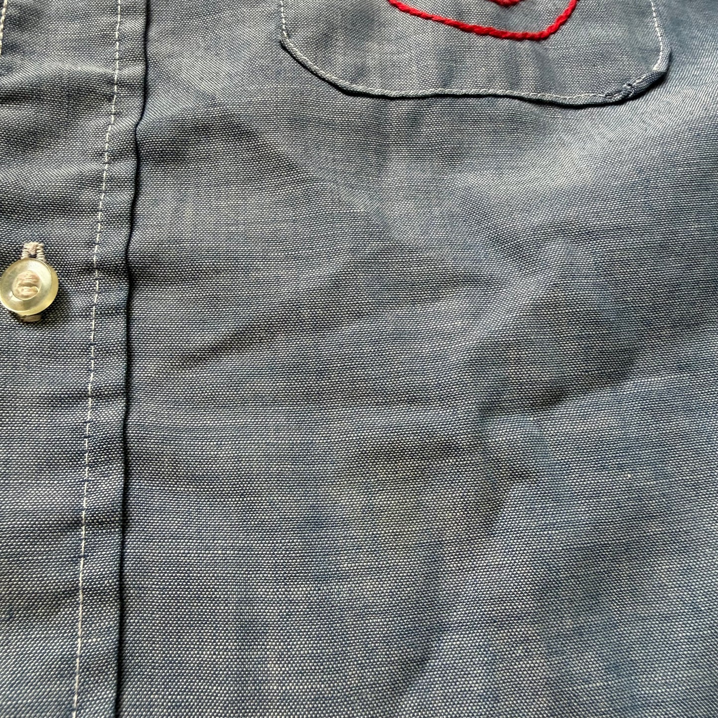 1970s Chambray Shirt with Embroidery, Size Small, Everything’s Fine, Shroom, Smiley, Hand Embroidered