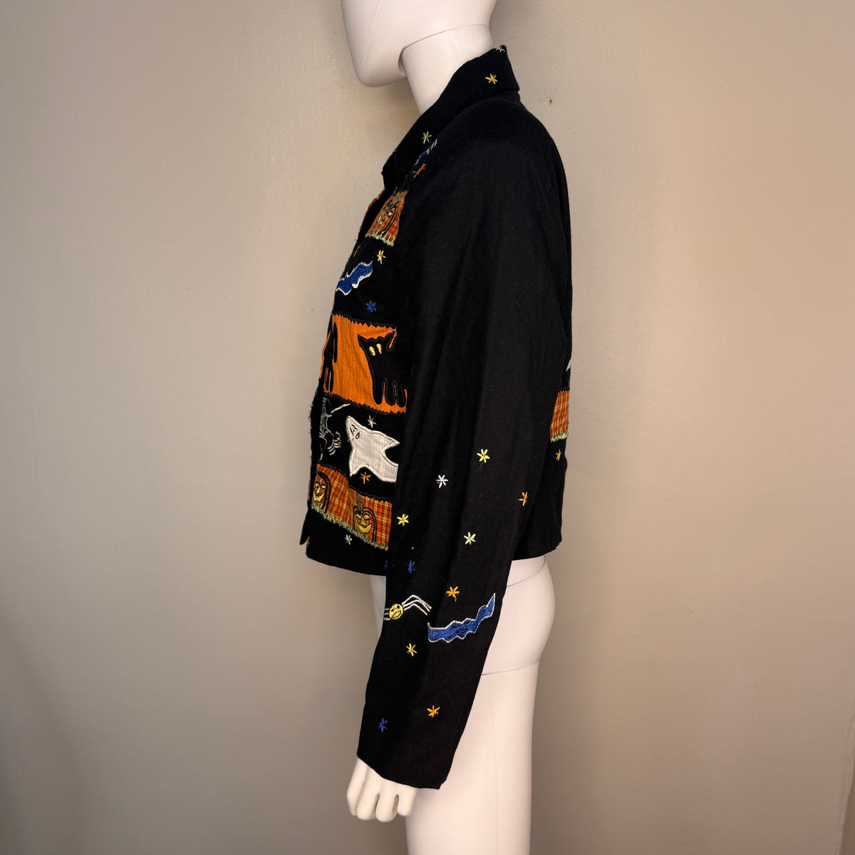 1990s Halloween Applique Jacket, Tunique Size Medium, Black Cats Spiders Ghosts Jack-o-lanterns