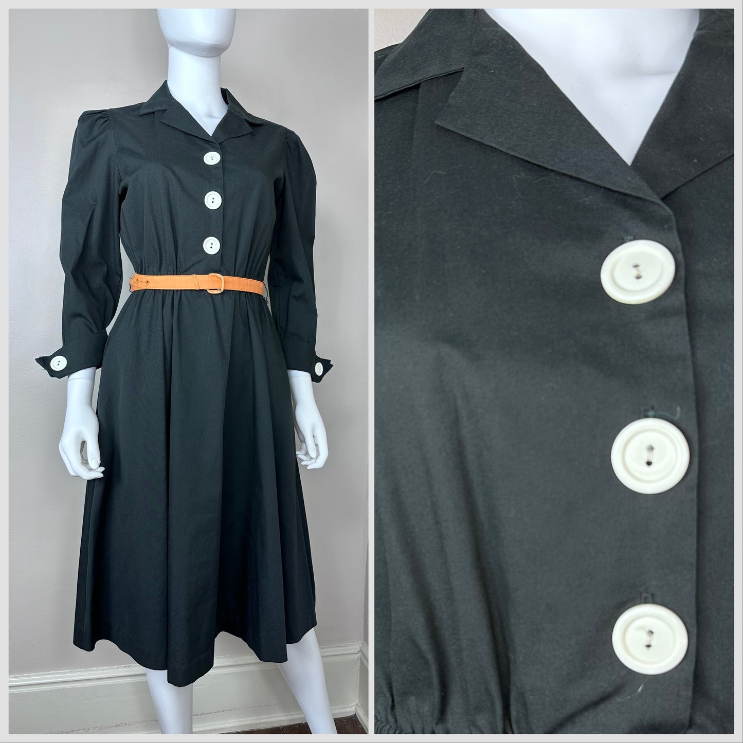 1980s Black Shirt Dress with Big White Buttons, The Shirtdress Sears Size Small-Medium