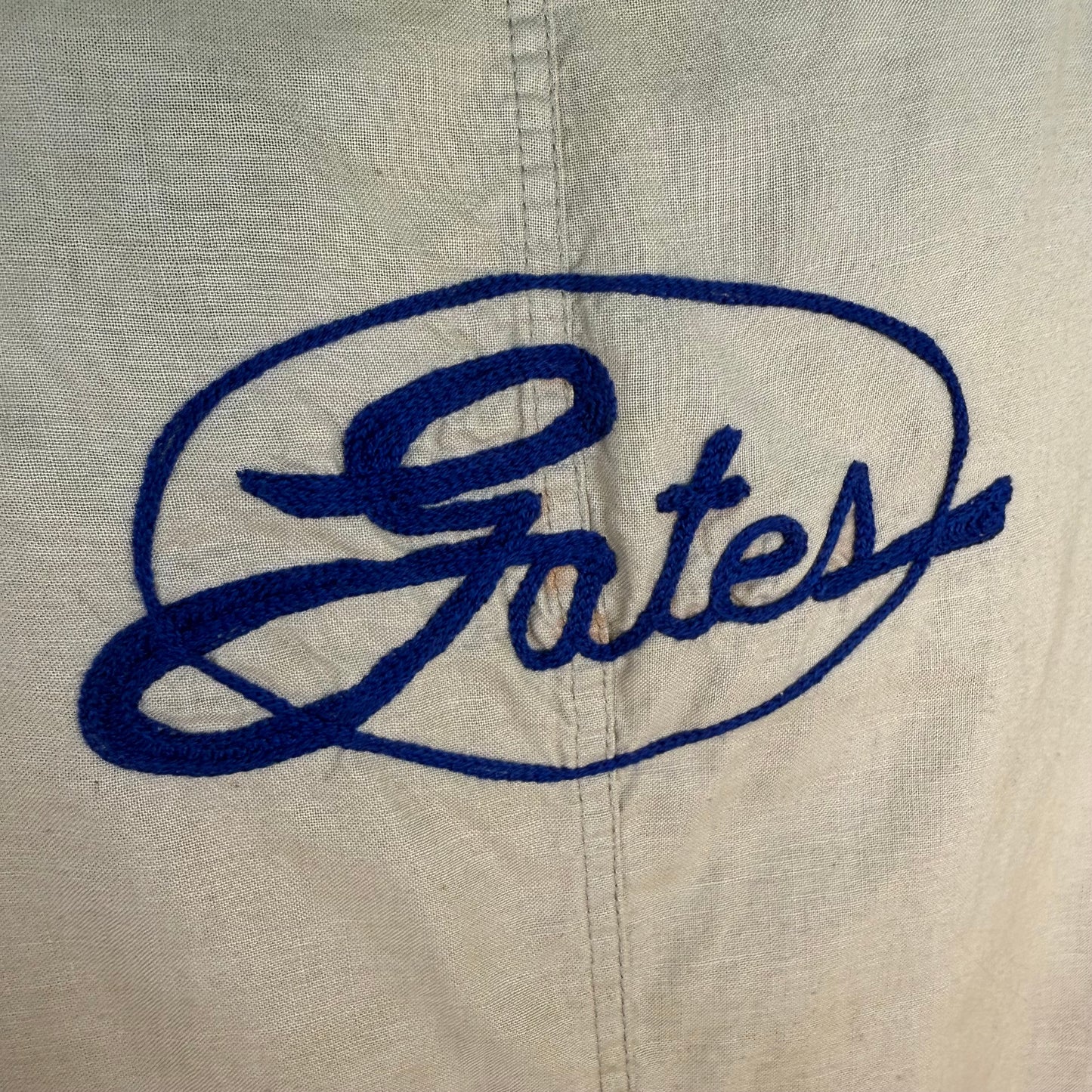 1950s Grey Auto Shop Coat Blazer, Size XL, United Size 46, Gates Chain Stitch Embroidery