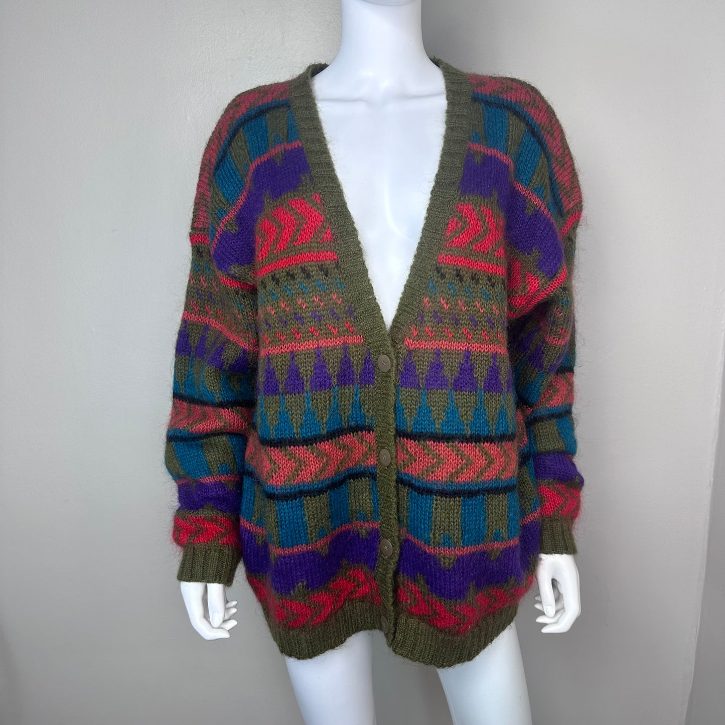 1980s Army Green with Bright Stripes Oversized Mohair Cardigan Sweater, Knit Knit Size Medium