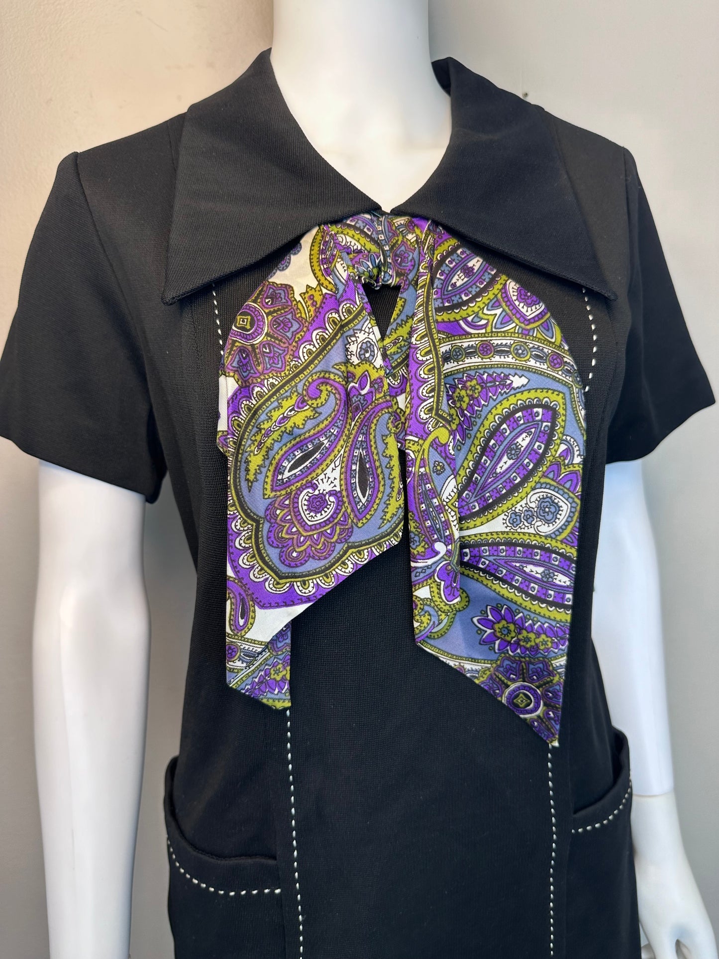 1960s Black Shift Dress with Purple Paisley Scarf Tie, Monarch Size Medium, Deadstock with Tags