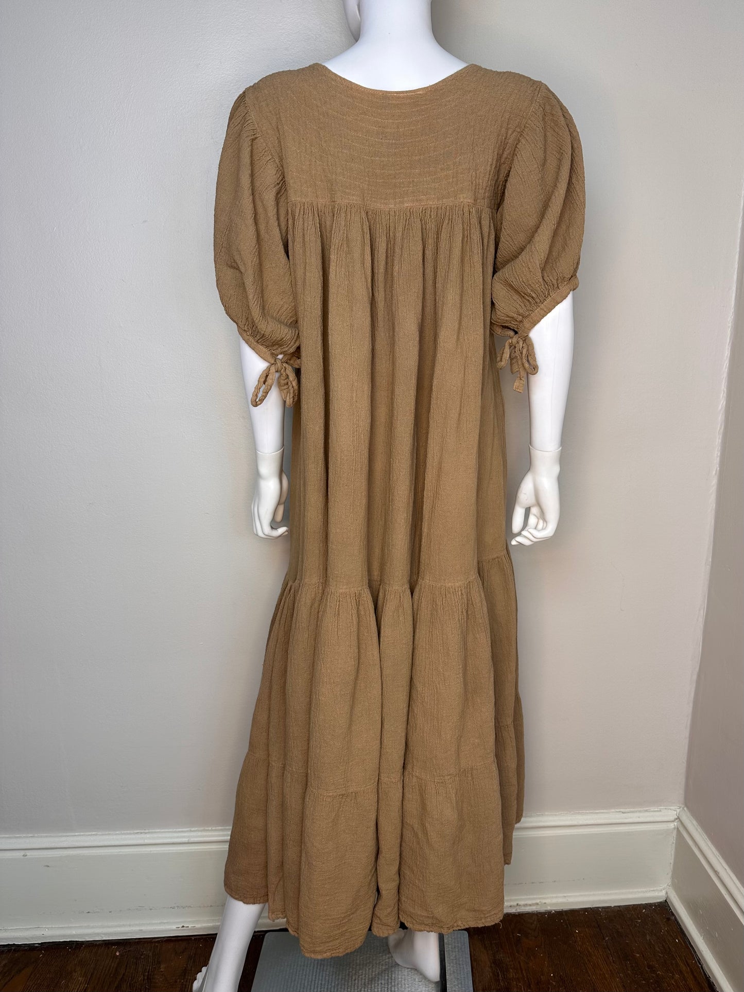 1970s Mocha Cotton Gauze Mexican Muumuu Maxi Dress, Sucesos Size Large