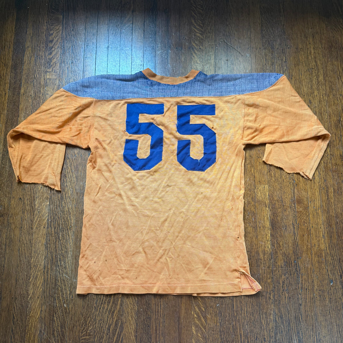 1950s Orange and Blue Durene Jersey, Appliqué No 55, Faded and Distressed, Size Medium