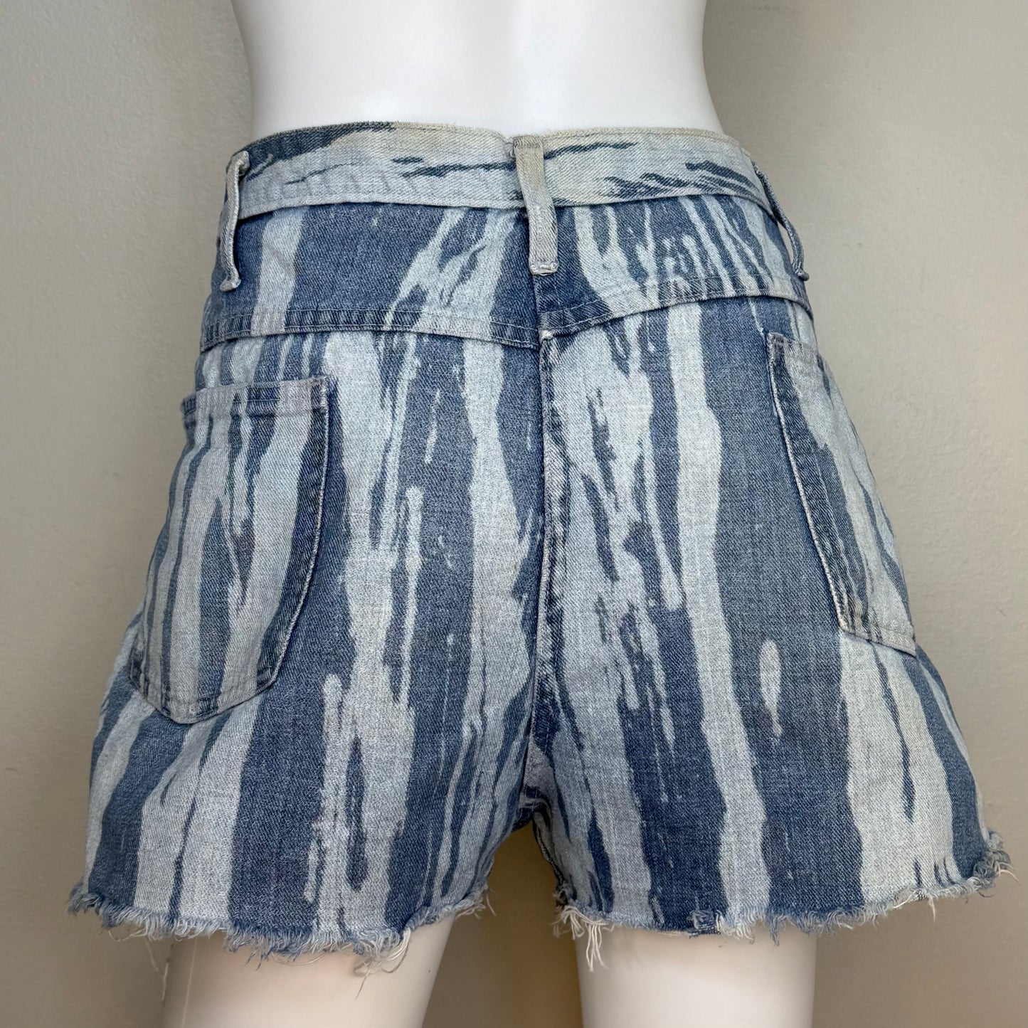 1970s Denim Shorts, Cut Off Jeans, Bleached Zebra Stripe, 35" Waist, Distressed