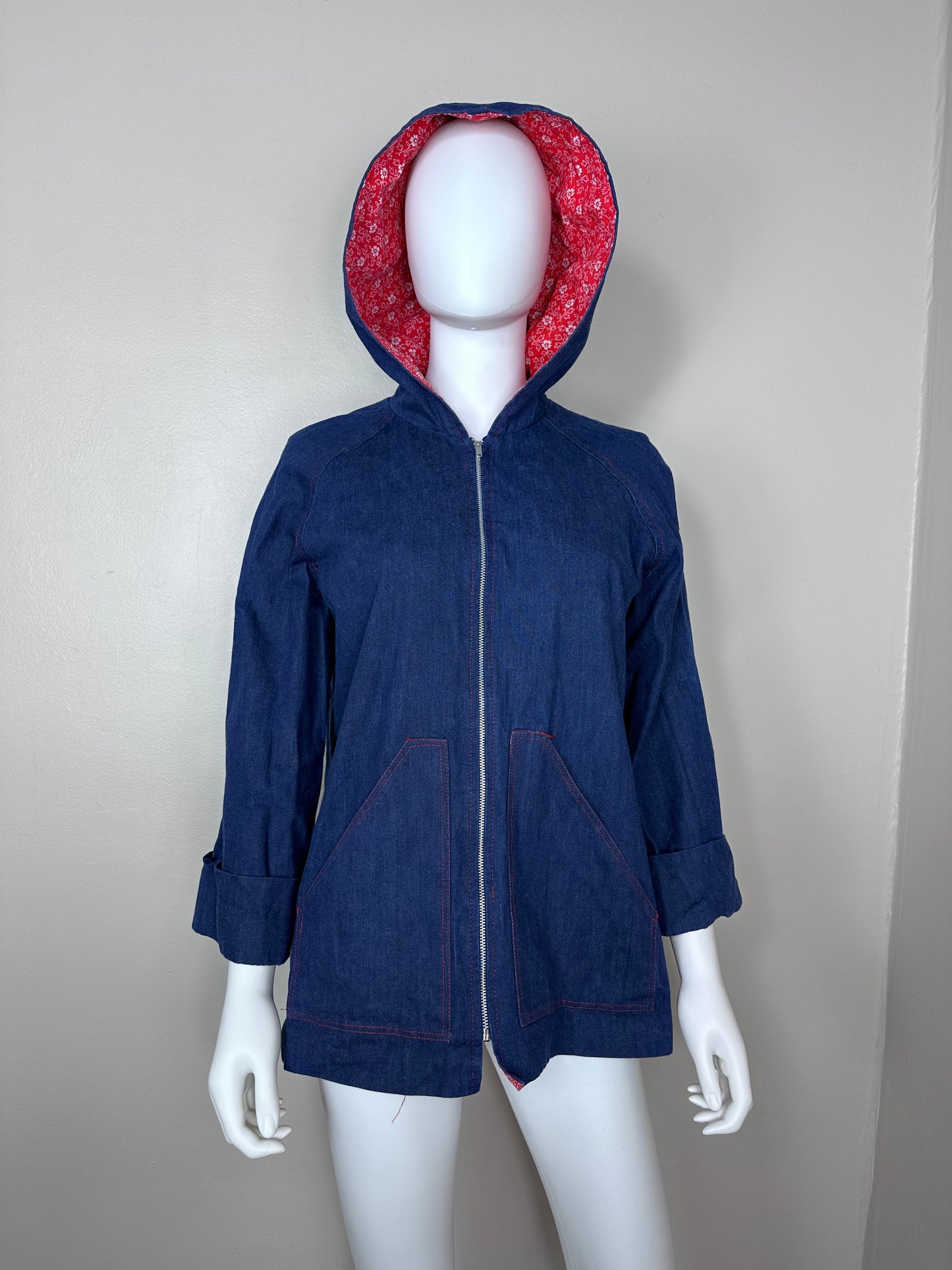 1970s Denim Jacket with Red Floral Lined Hood, Shelly’s Tall Girls Size Medium