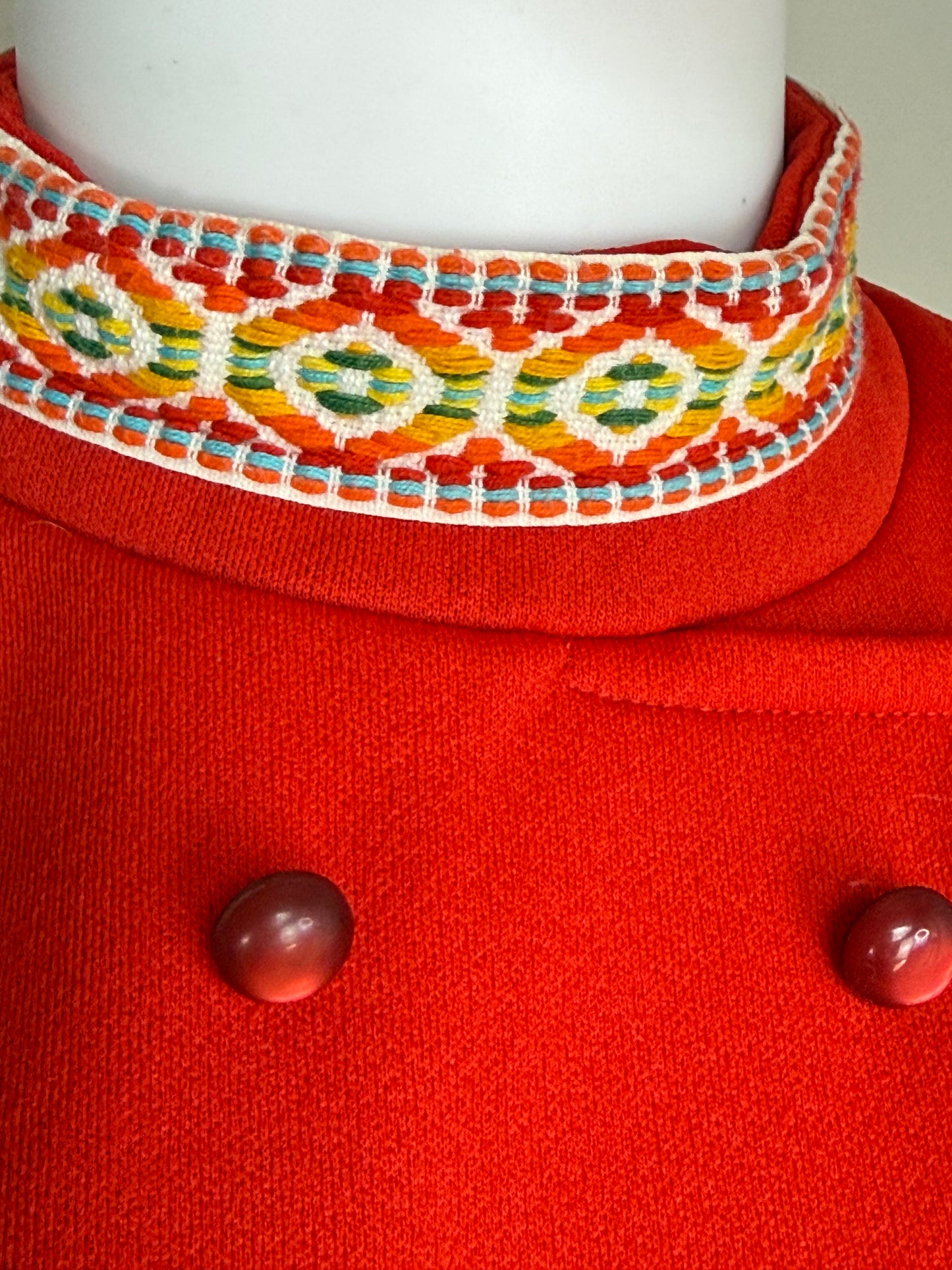 1960s/70s Mod Red Pant Suit, Sleeveless Top and Pants, Polyester Double Knit with Rainbow Trim, Size Medium