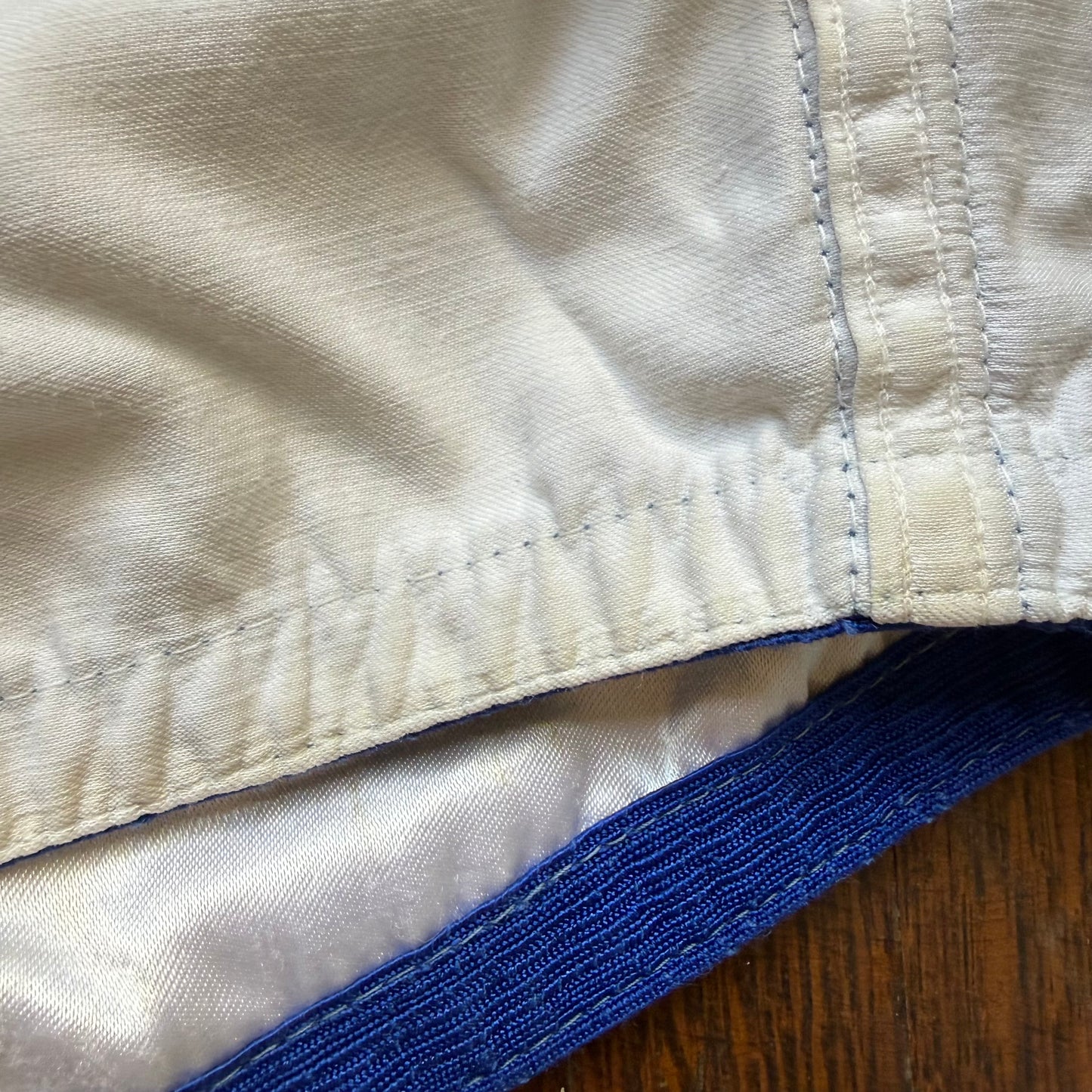 1940s White and Blue Satin Athletic Shorts, Belt, Padded Hips, Lawson Cavette Sporting Goods, Basketball? Boxing?