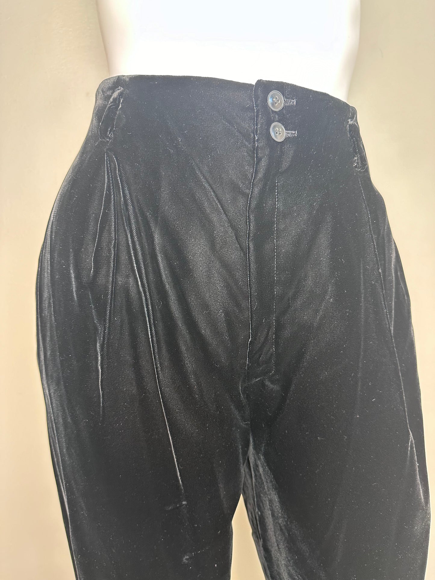 1980s Black Velvet High Waisted Trousers, Finity HoneyBee Size Small, Pleated, Tapered, Cuffed, Deadstock with Tags