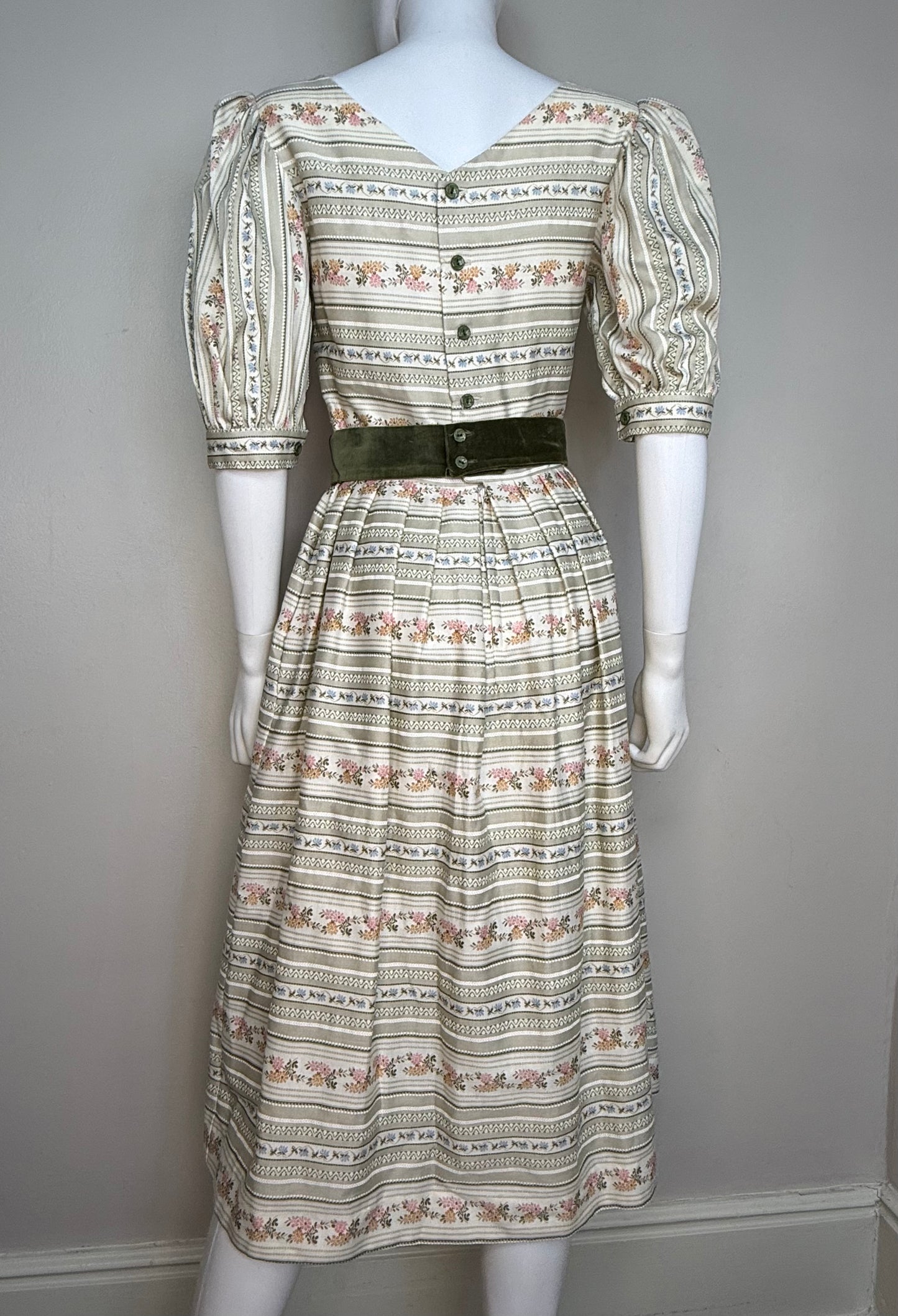 1970s/80s Floral Stripe Dress with Big Puff Sleeves, Lanz Size Small