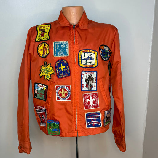 1960s Orange Nylon Jacket with 60s/70s Boy Scouts Camp Patches, Size Medium, Order of the Arrow, BSA