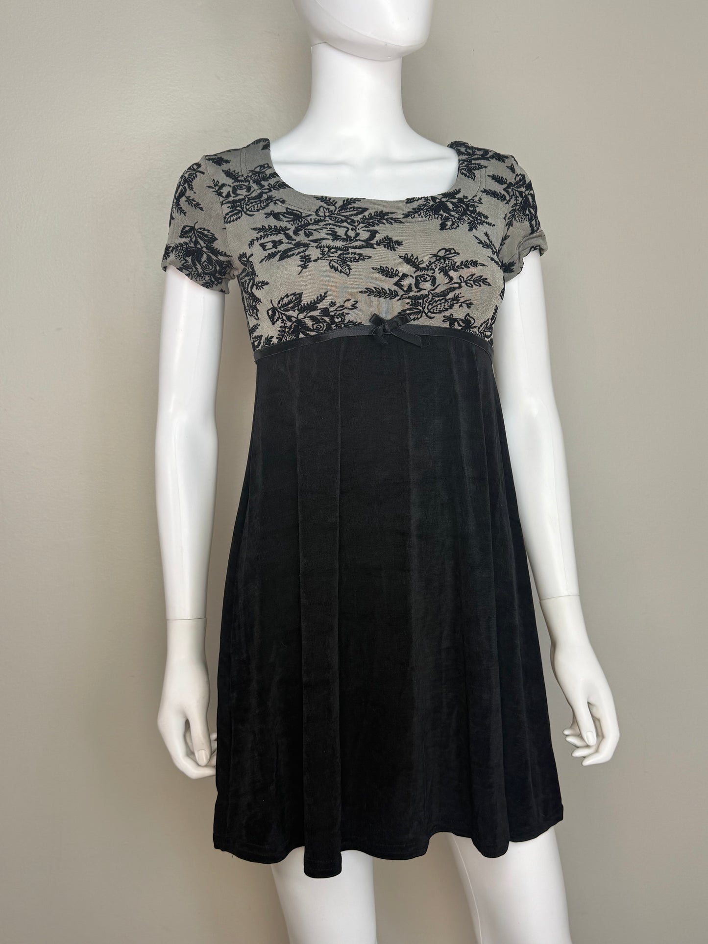 1990s Black Floral Knit Dress, La Belle Size Small, Flocked Velvet Roses