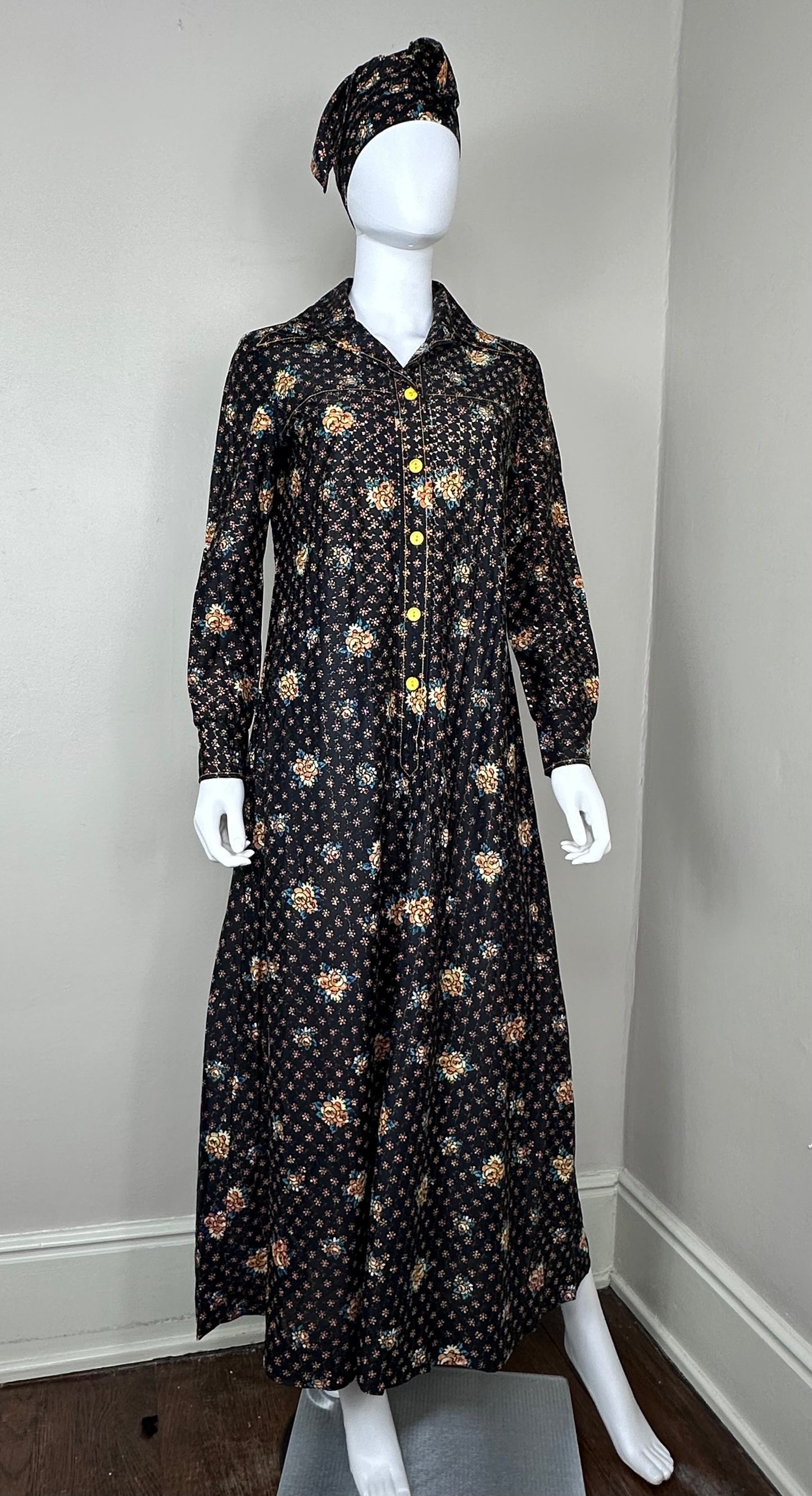 1970s Black Floral Maxi with Gold Lurex Thread, Nancy Valentine Size Medium