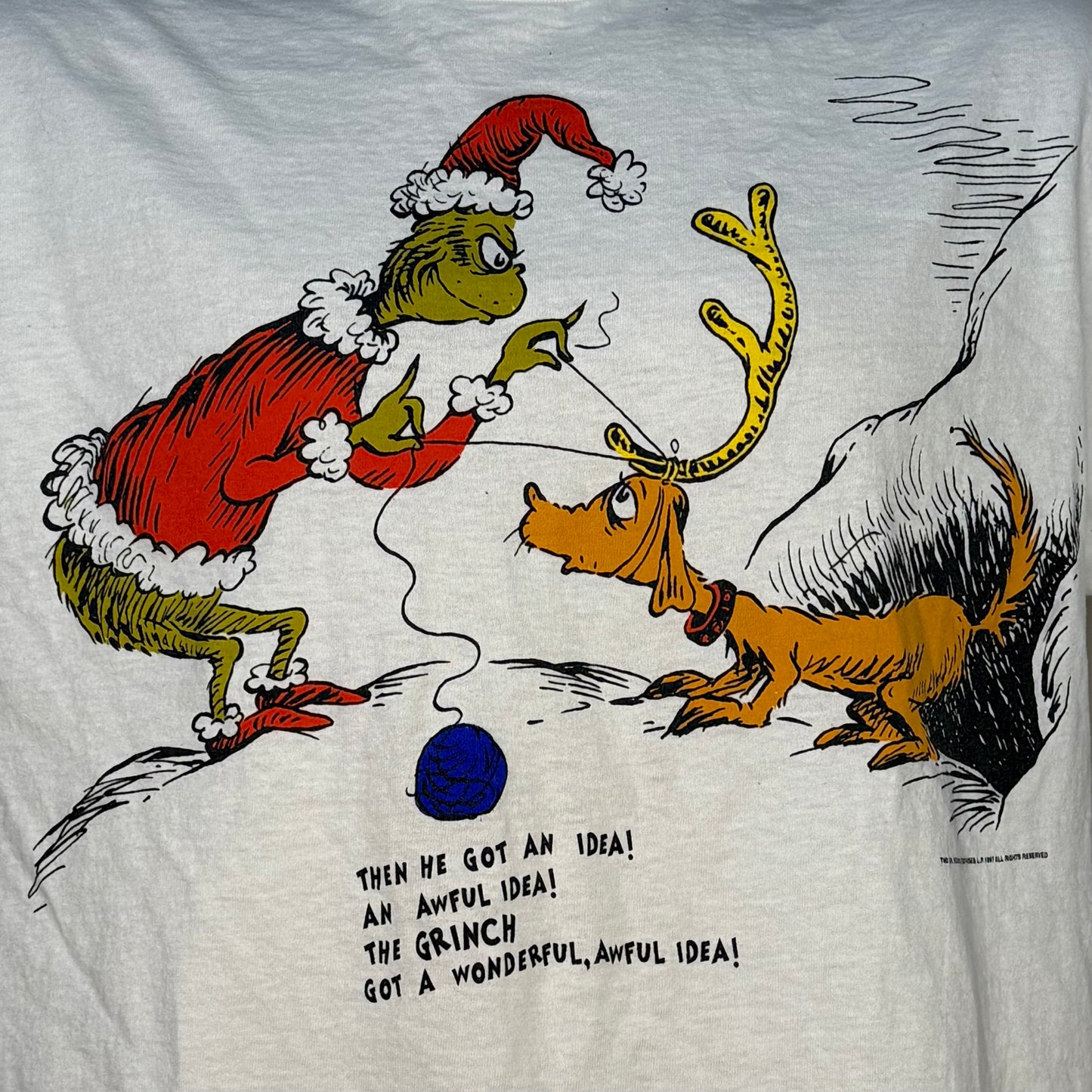 1990s How the Grinch Stole Christmas T-Shirt, Dr Seuss Wear Size Large, Reindeer Dog Max, 1997