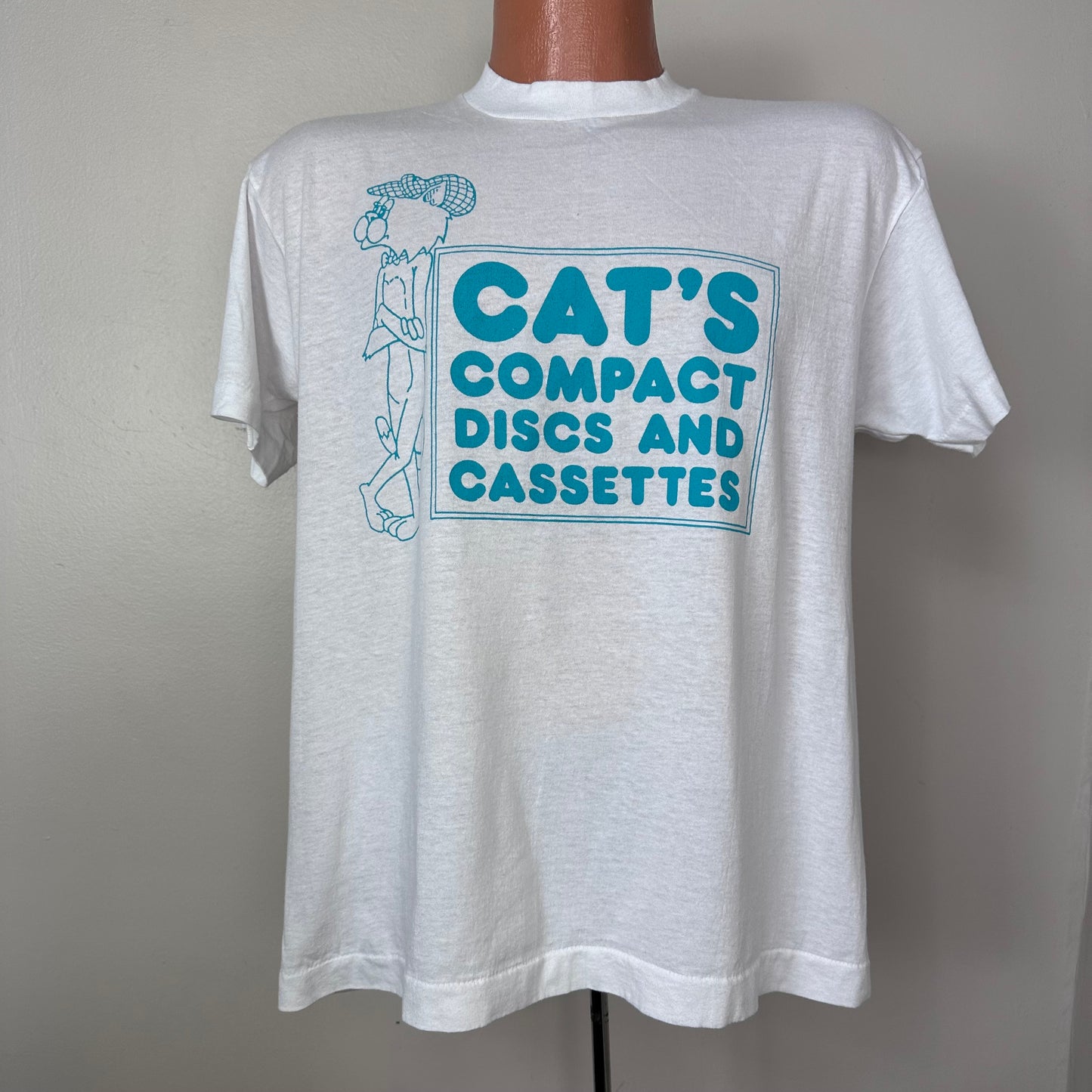 1980s Cat's Compact Discs and Cassettes T-Shirt, Screen Stars Size Large, Record Store