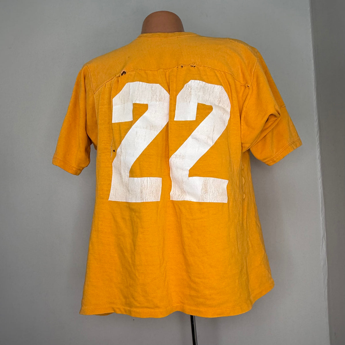 1960s Orange Cotton Jersey, Russell Athletic Size Large, No 22, Distressed