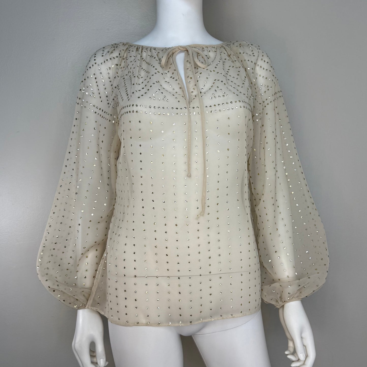 1970s Sheer Cream Blouse with Glitter Polkadots, Balloon Sleeves, Anthony Muto A.M./P.M. Size Small
