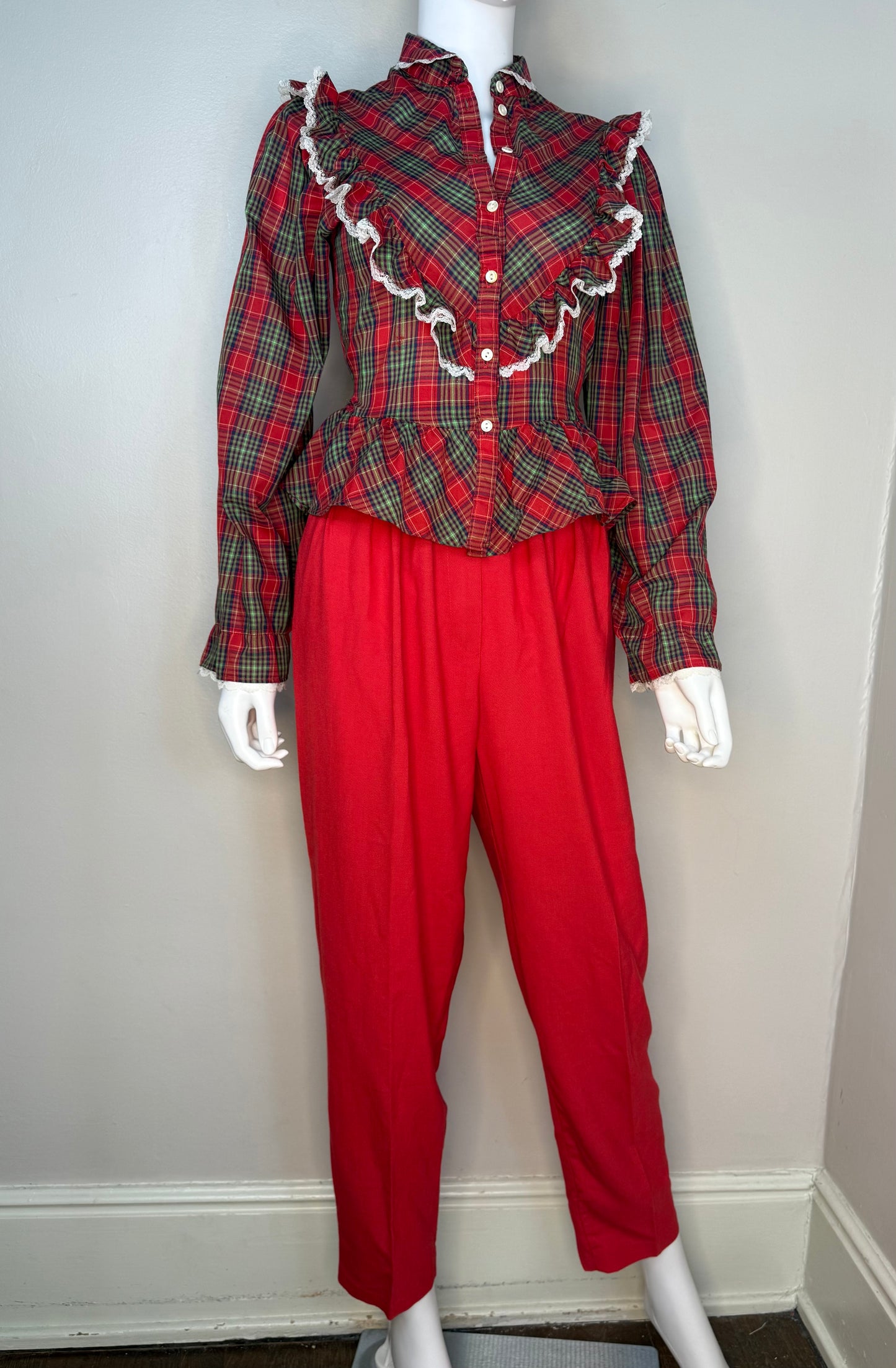 1980s Red and Green Plaid Prairie Western Blouse with Lace Trim, Parallel Lines Size XS/S