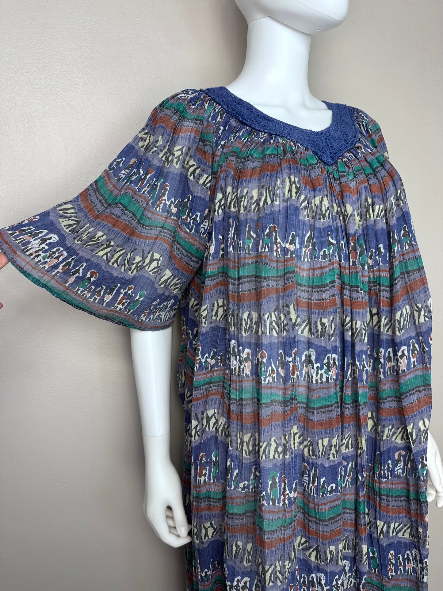 1970s/80s Novelty Print Gauze Muumuu Dress, Naqui, Caftan Gown, Open Sizing