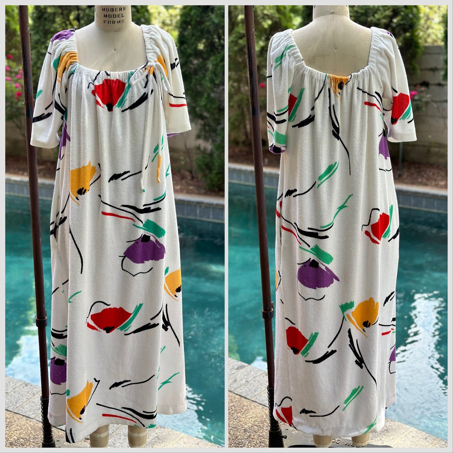 1970s Floral Terrycloth Beach Maxi Dress, Lucie Ann Beverly Hills Size Medium, Cover-Up