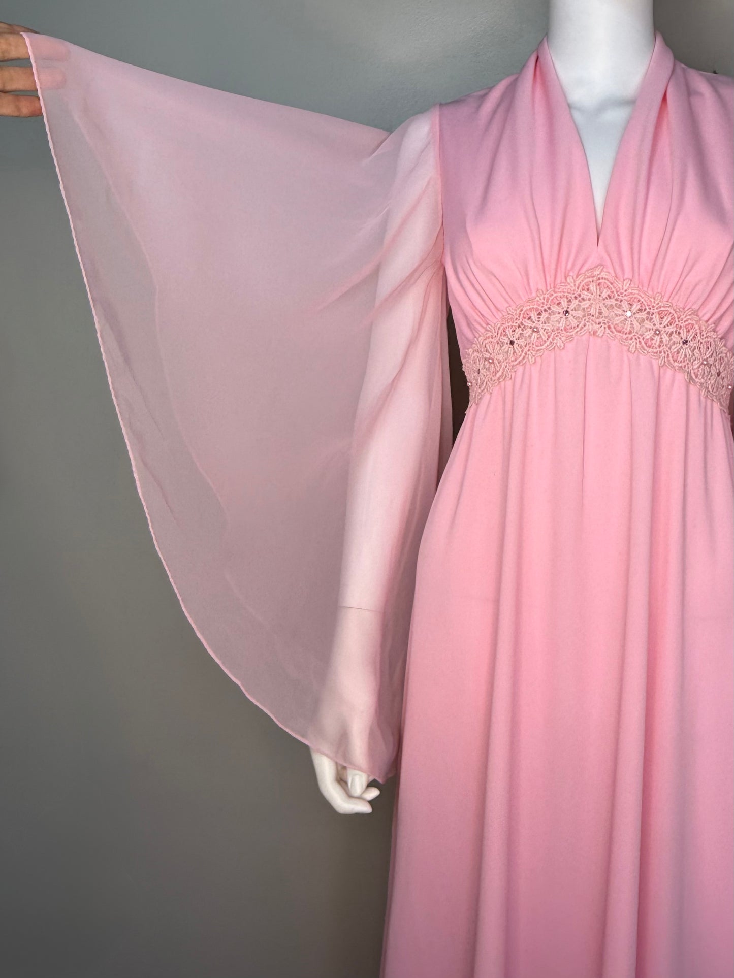1970s Pink Maxi Dress, Sheer Angel Wing Sleeves, Jill Robbins Size S/M