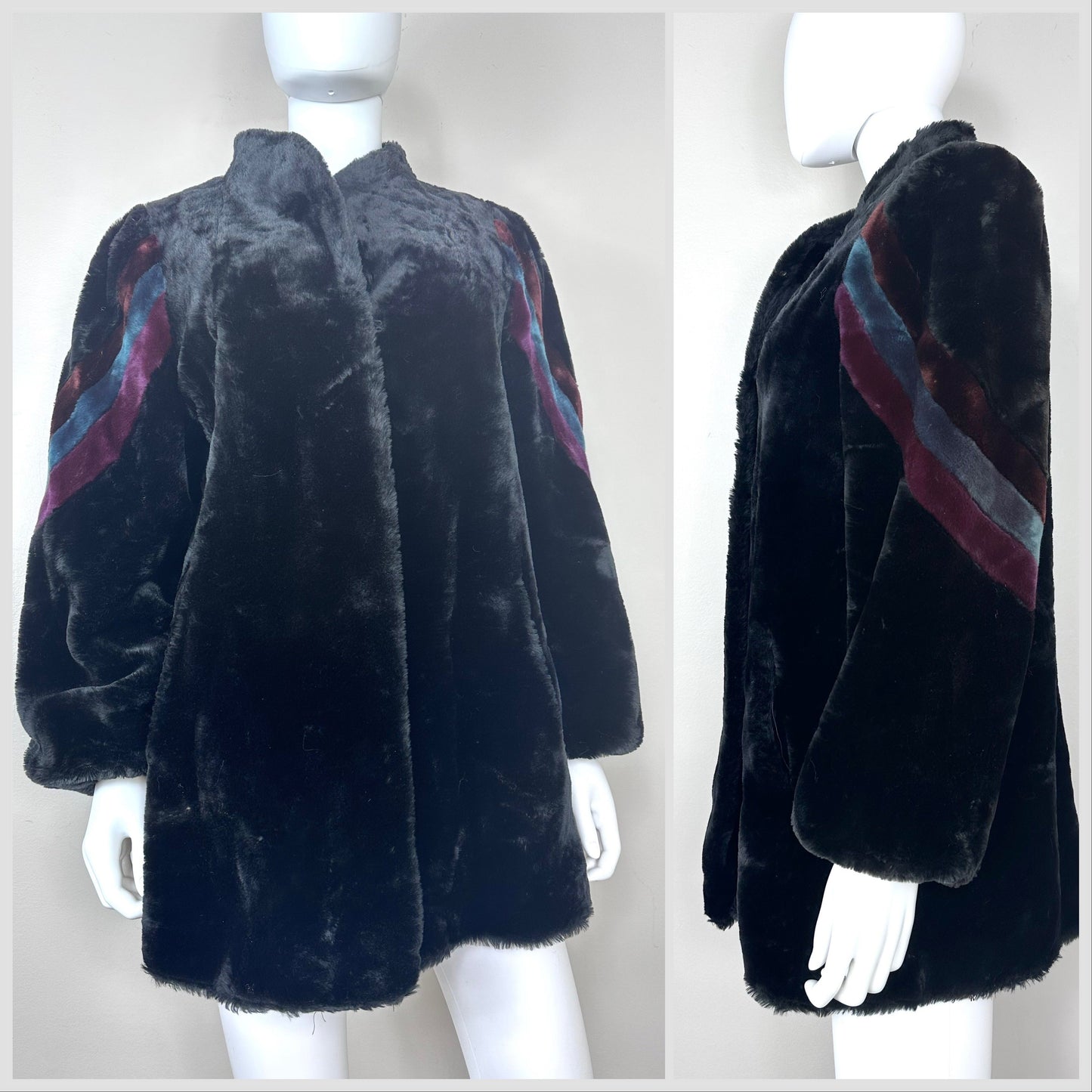 1970s/80s Black Faux Fur Coat with Stripes on Sleeves, Adorable Coat Corp Size Medium