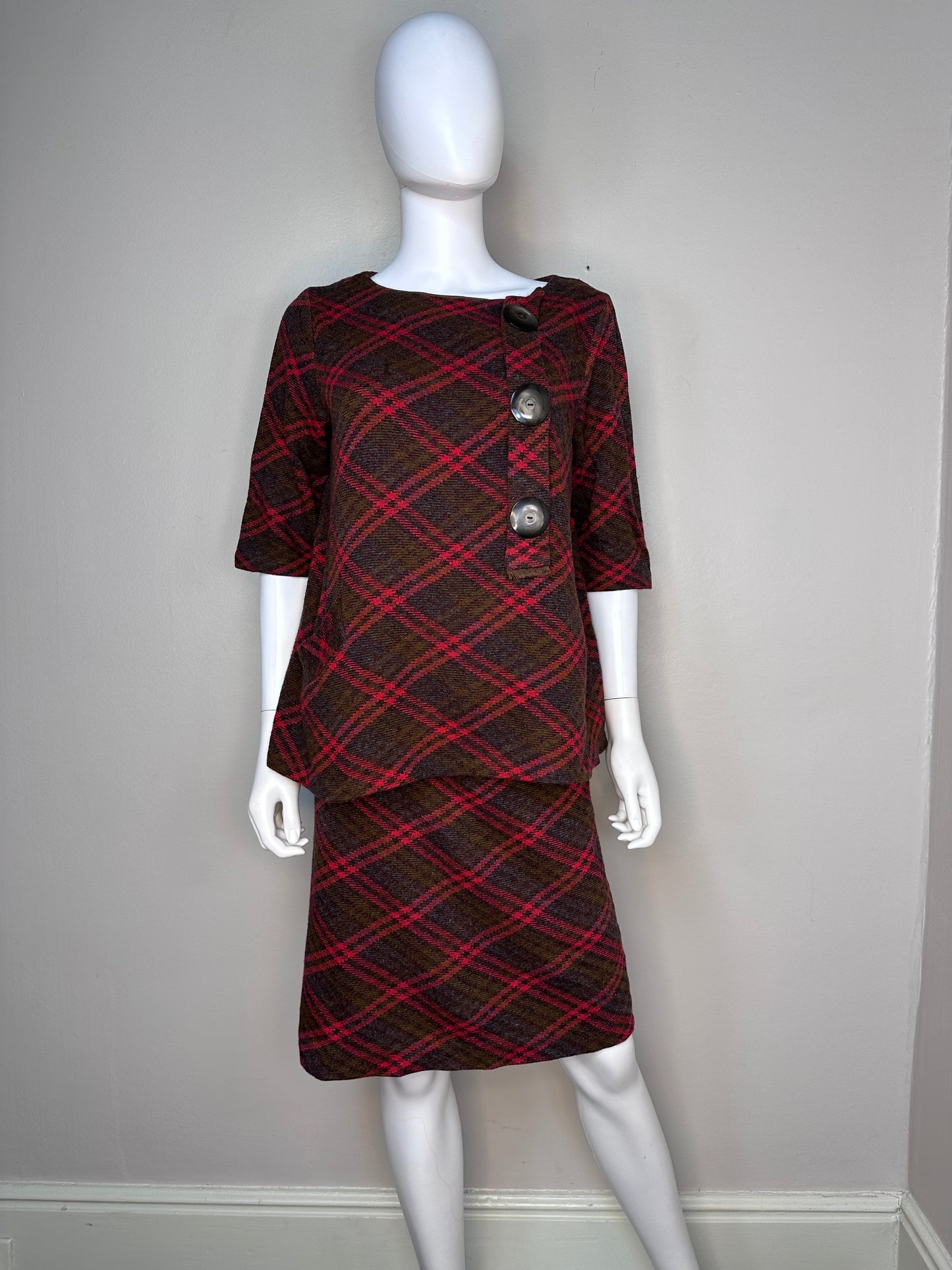 1960s Plaid Maternity Dress Set, Top and Open Belly Pencil Skirt, Expectantly Yours Size Medium