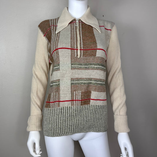 1970s Half Zip Sweater with Huge Pointed Collar, Dimension by Milford Size M/L of