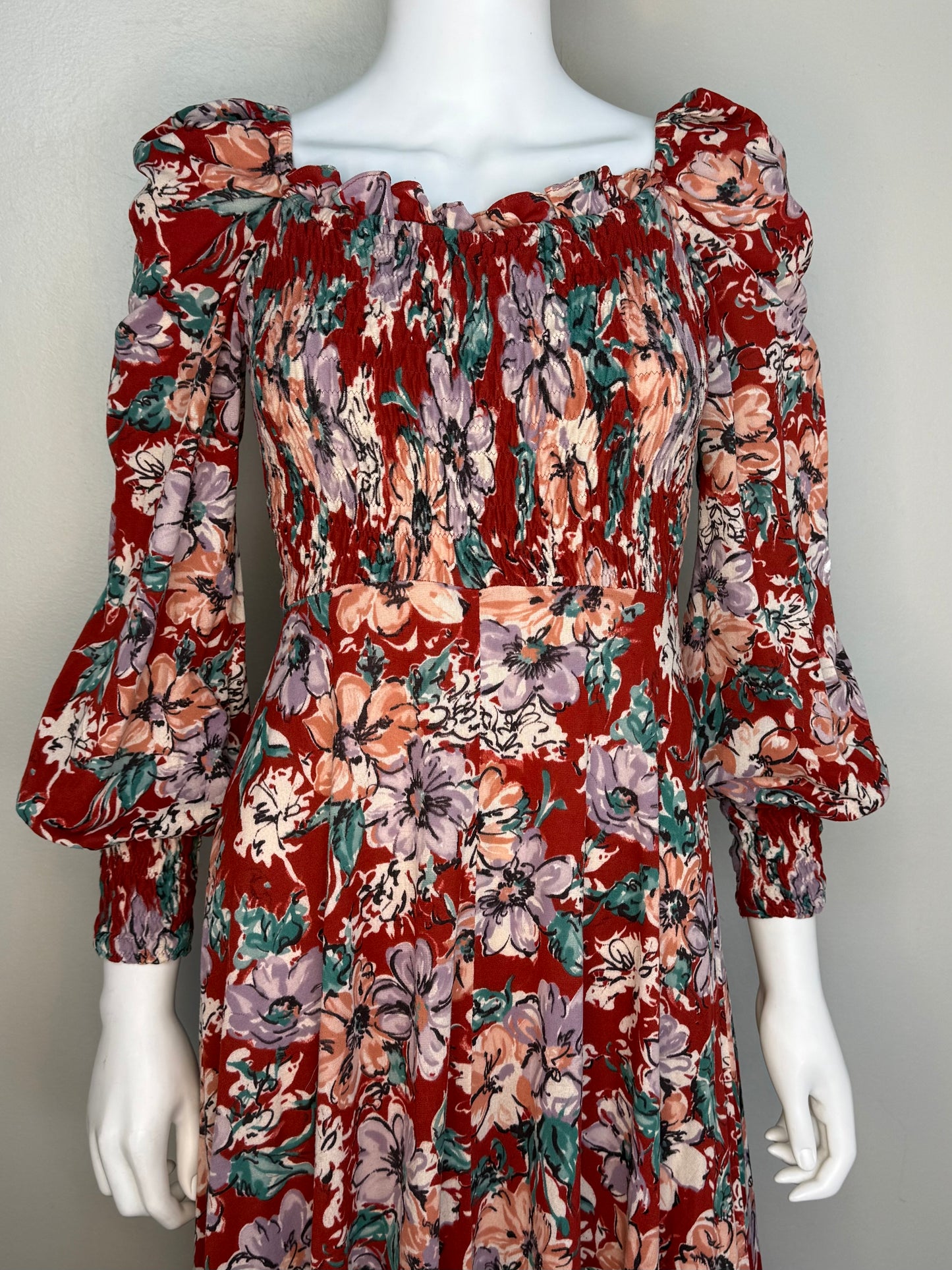 1970s Red Floral Maxi Dress, Jody T Size XS, Long Sleeve, Smocked Bodice, Full Skirt