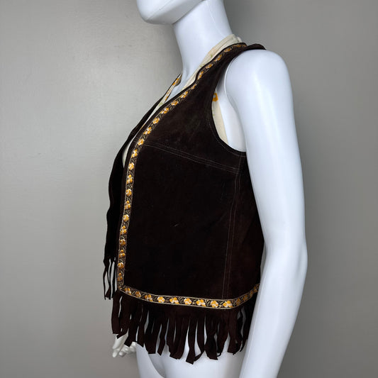 1960s Brown Leather Fringe Vest, Floral Trim, Jorgen’s Leather Design Size XS