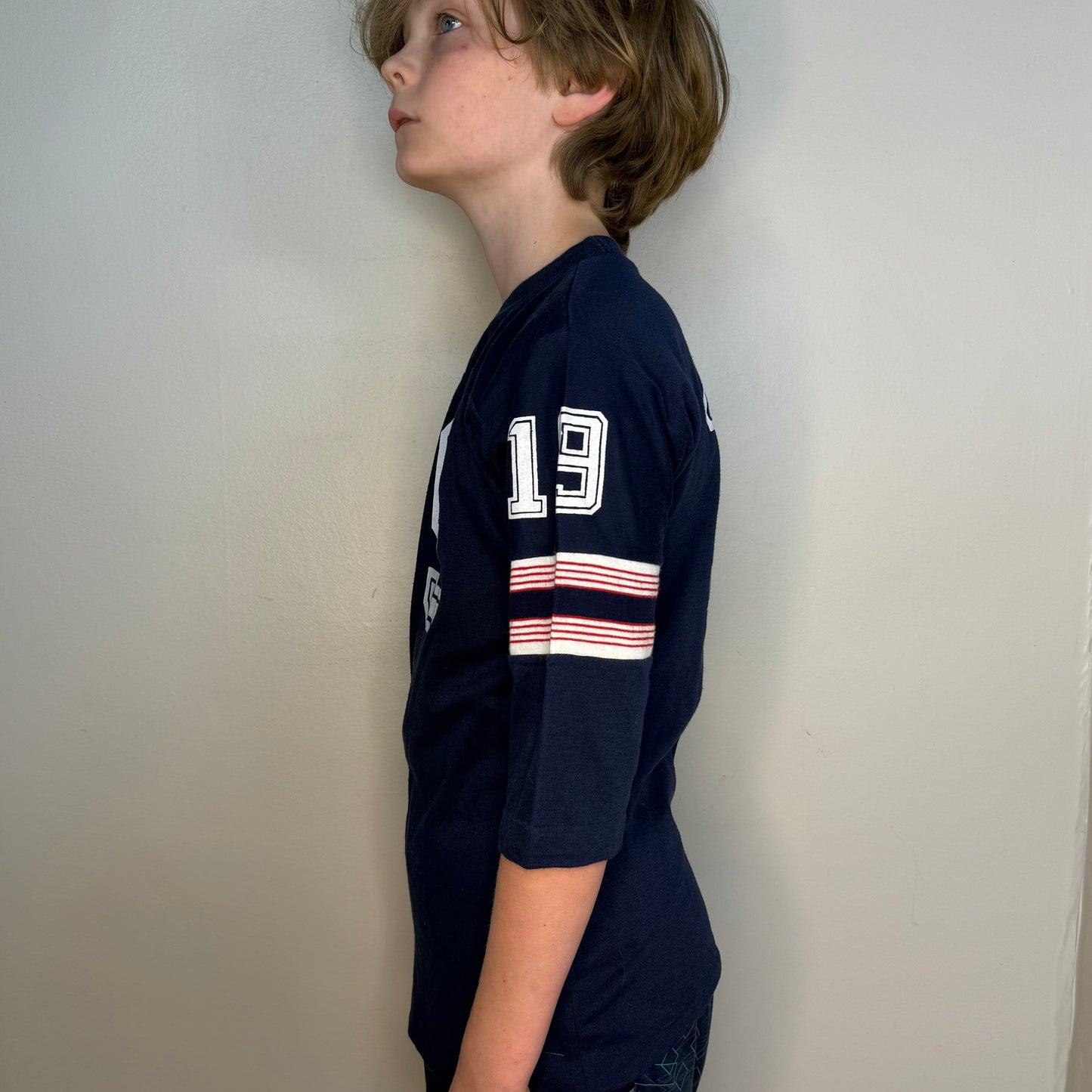 1960s/70s Navy Blue Jersey T-Shirt, Number 19, Never Iron by Campus Size Youth Large/Adult XS