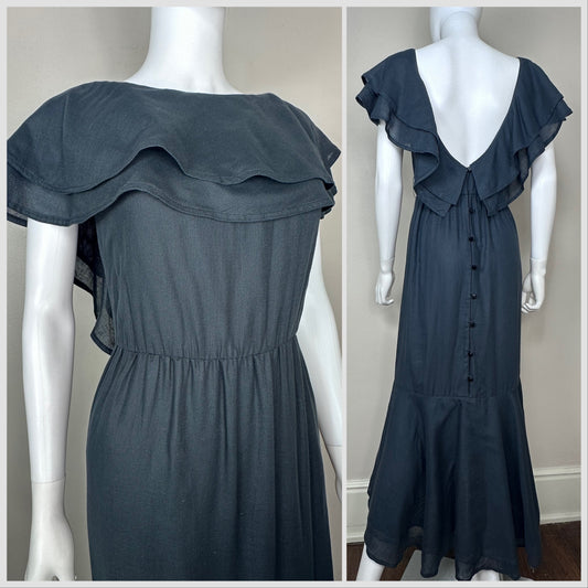 1970s Charcoal Grey Mermaid Dress with Ruffle Neckline and Open Back, Jonathan Hitchcock for Reuben Thomas, Lillie Rubin, Size Small