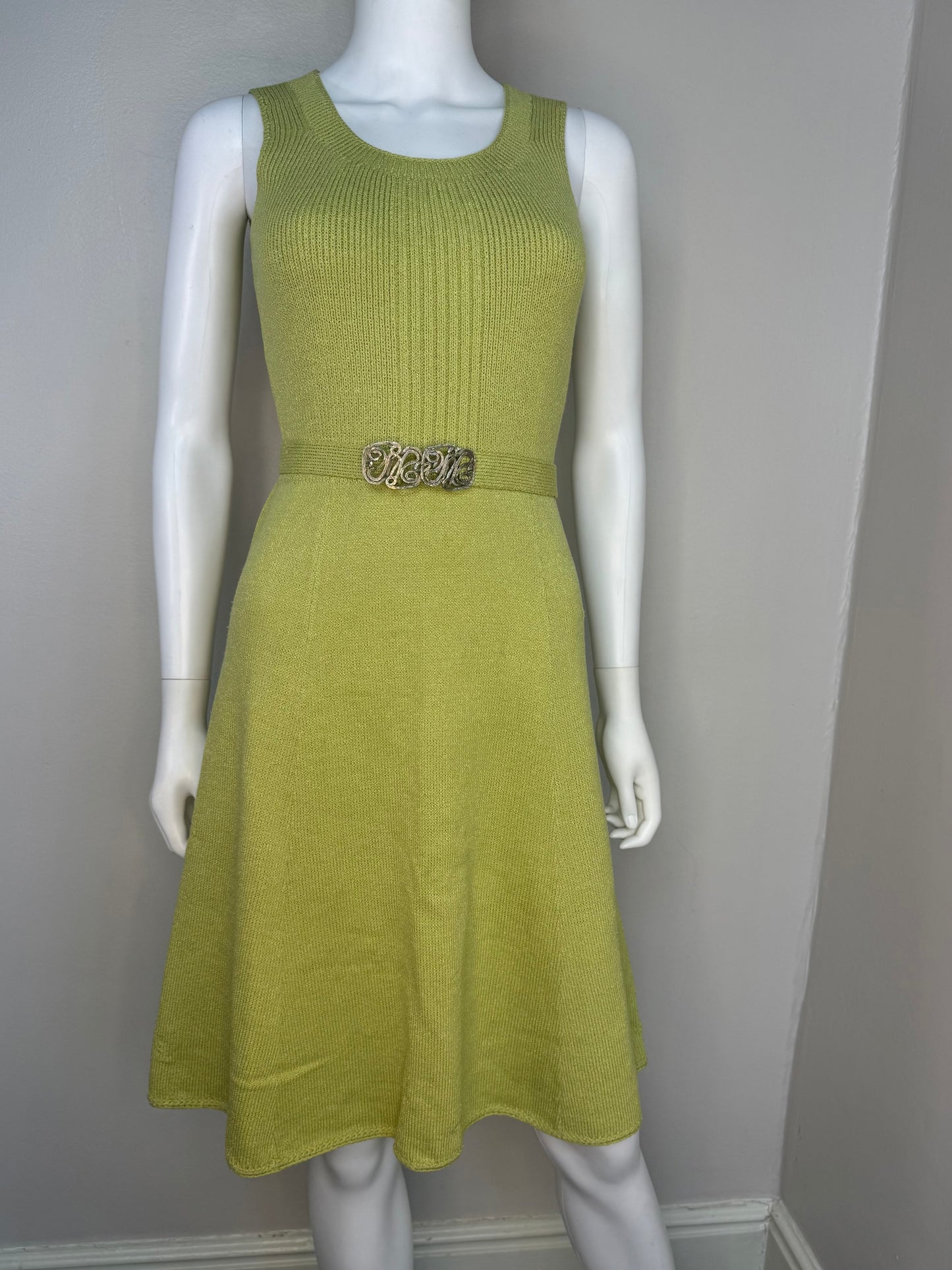 1960s/70s St John Knits Green Sleeveless Sweater Dress and Matching Short Sleeve Cardigan, Size XS-Small