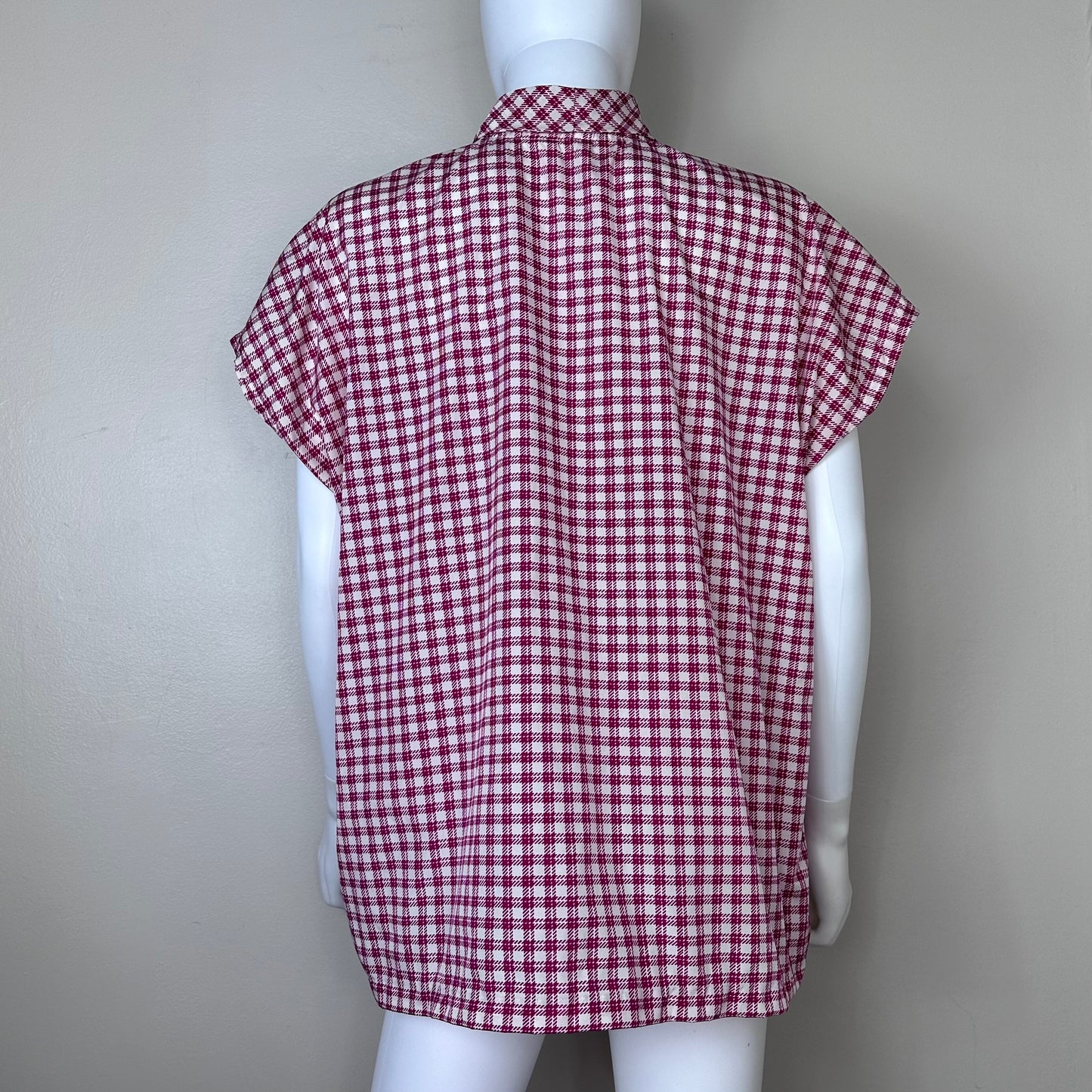 1970s Raspberry Plaid Sleeveless Bow Blouse, Laura Mae Size 1X/2X