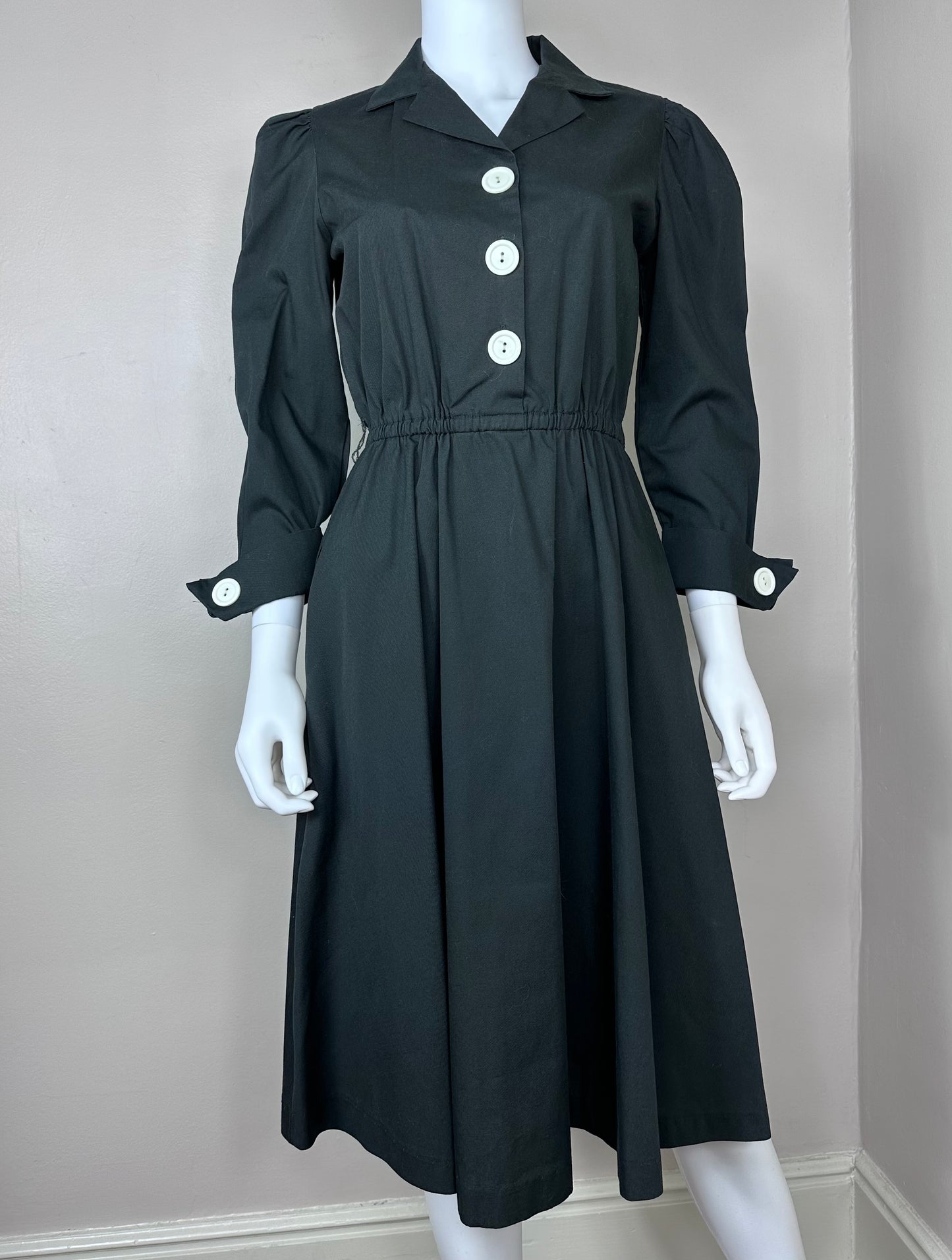 1980s Black Shirt Dress with Big White Buttons, The Shirtdress Sears Size Small-Medium