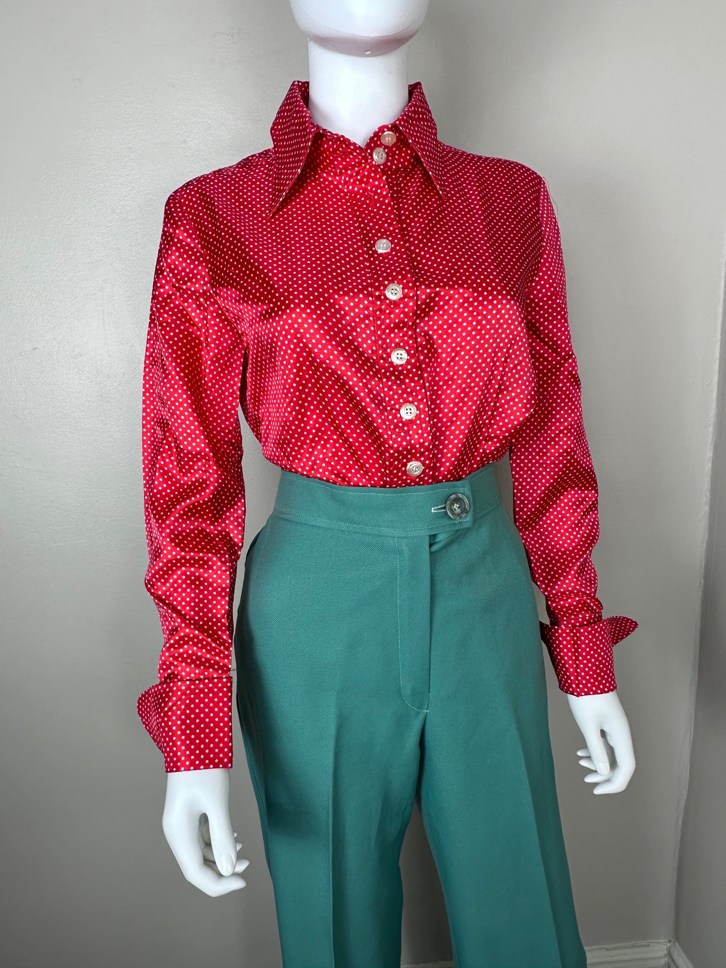 1960s Red and White Polka Dot Blouse, Size Medium, Pointed Collar, French Cuffs