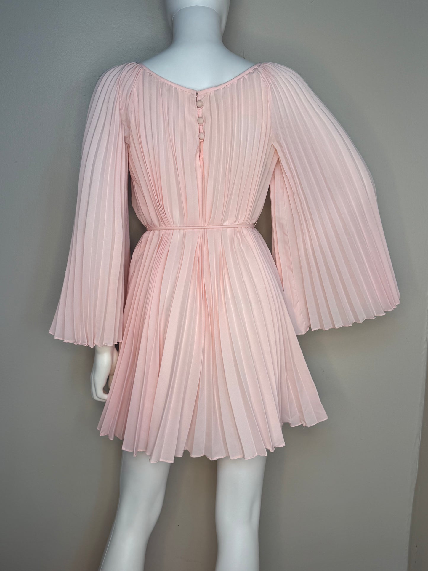 1960s Pastel Pink Pleated Mini Dress and Palazzo Pants Set, Bell Sleeves, Extra Wide Legs, Size XS-Small