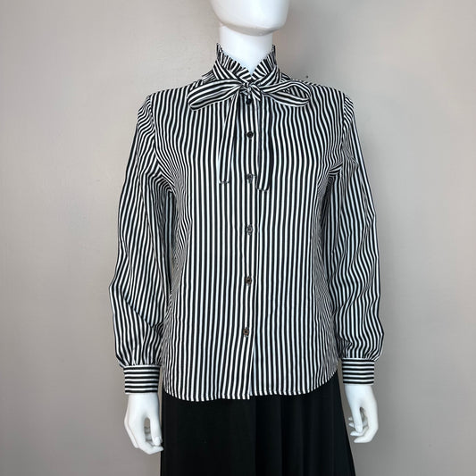 1980s Black and White Stripe Bow Neck Blouse, Isaac Hazan Size Medium