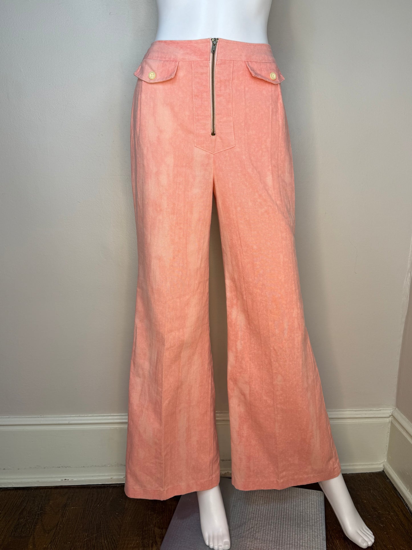 1970s Pastel Salmon Pink Bell Bottom Pants, Wrangler Jeans, 24.5x30, High Rise, Tie Dye